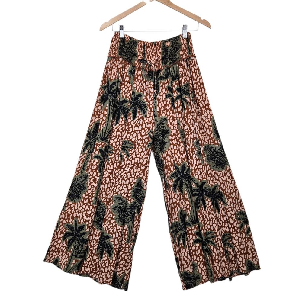 True Destinations Wide Leg Pants M Brown Ivory Pull On Boho Palm Trees Resort